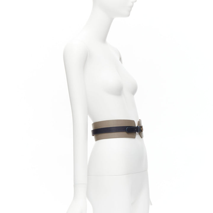 MAISON BOINET brown navy double cowhide leather gold buckle waist belt 70cm