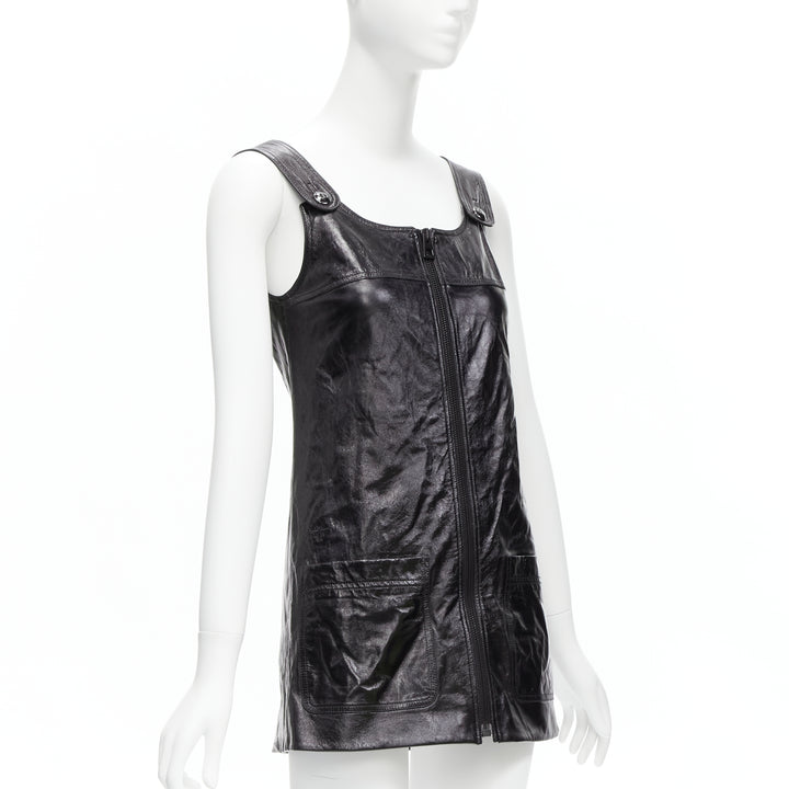 CHRISTIAN DIOR 2022 black crinkled lambskin leather CD logo dungare dress FR36 S