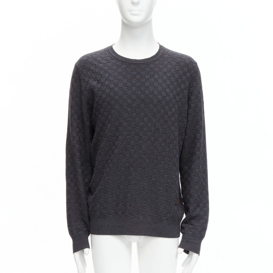 LOUIS VUITTON Damier grey wool cotton checks LV leather patch sweater L
