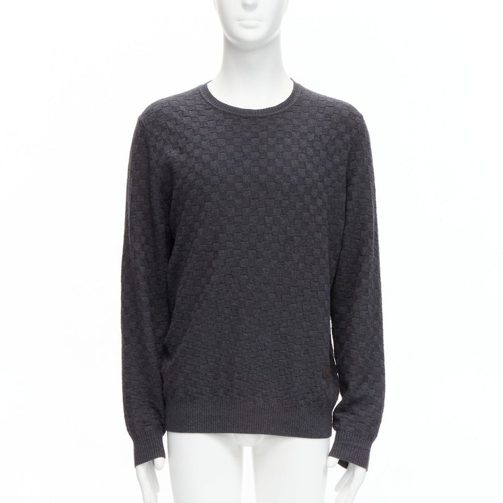 LOUIS VUITTON Damier grey wool cotton checks LV leather patch sweater L