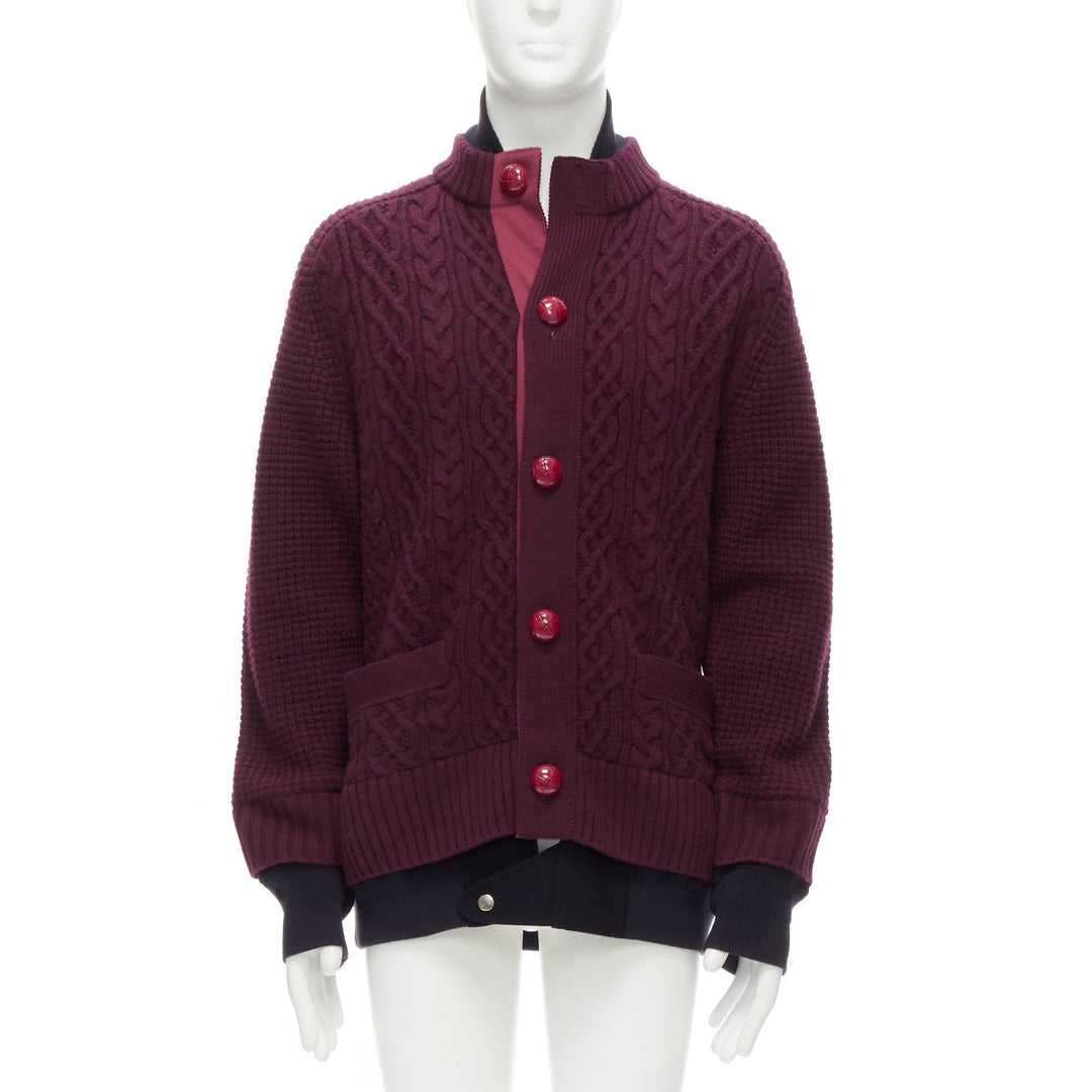 SACAI 2016 burgundy 100% wool cable knit layered hem cardigan JP3 L
