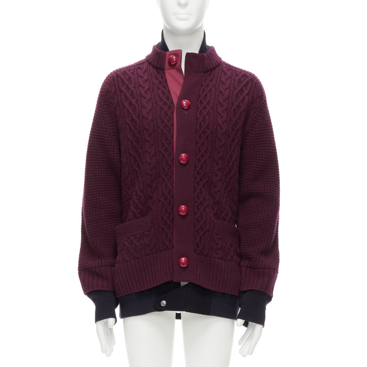 SACAI 2016 burgundy 100% wool cable knit layered hem cardigan JP3 L
