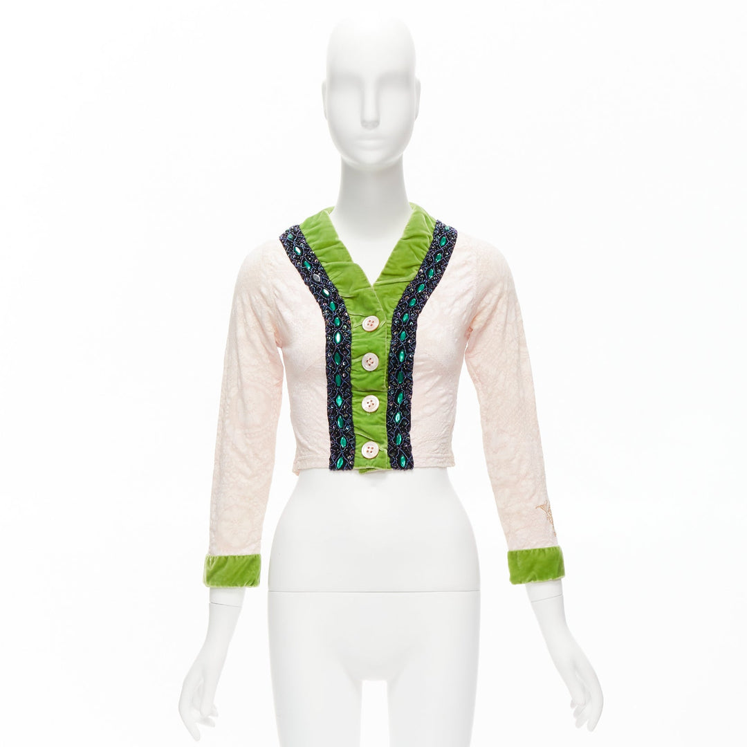 VOYAGE INVEST IN THE ORIGINAL LONDON green velvet pink lace beaded jacket M