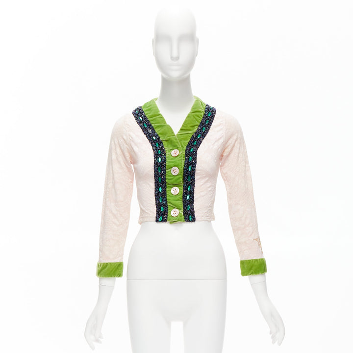 VOYAGE INVEST IN THE ORIGINAL LONDON green velvet pink lace beaded jacket M
