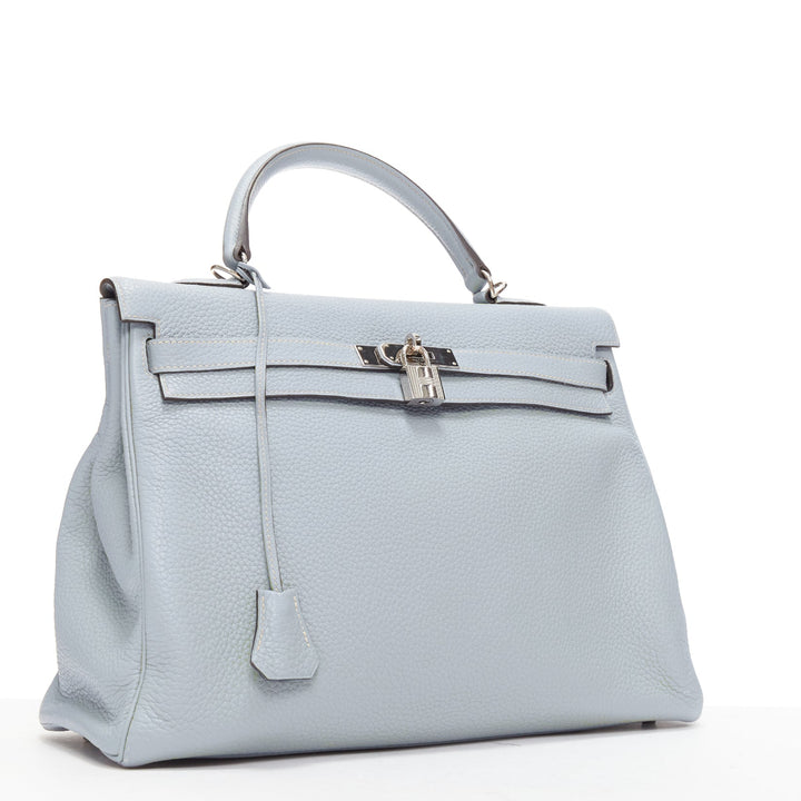 HERMES Kelly 35 Bleu Gacier Clemence sports canvas strap satchel bag