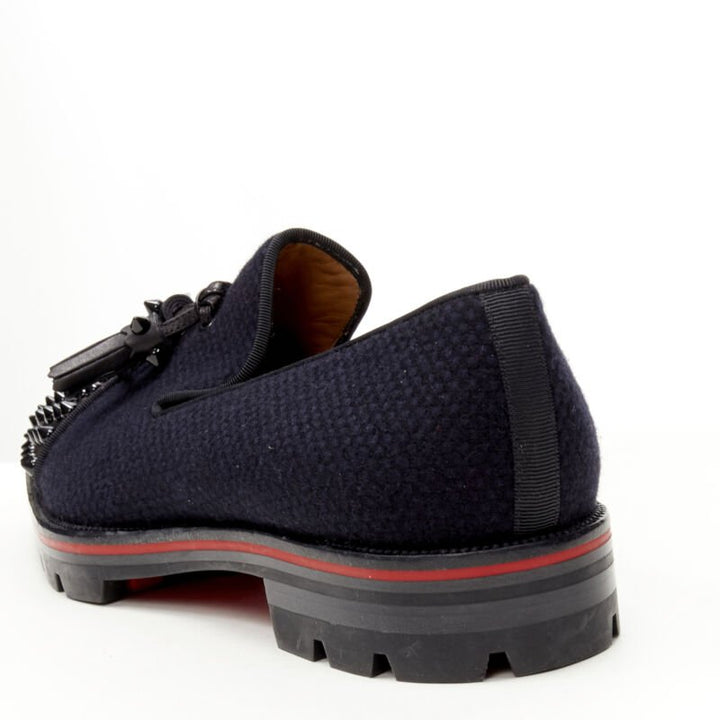 CHRISTIAN LOUBOUTIN Rossini Flat navy tweed spike toe  tassel lug sole EU42