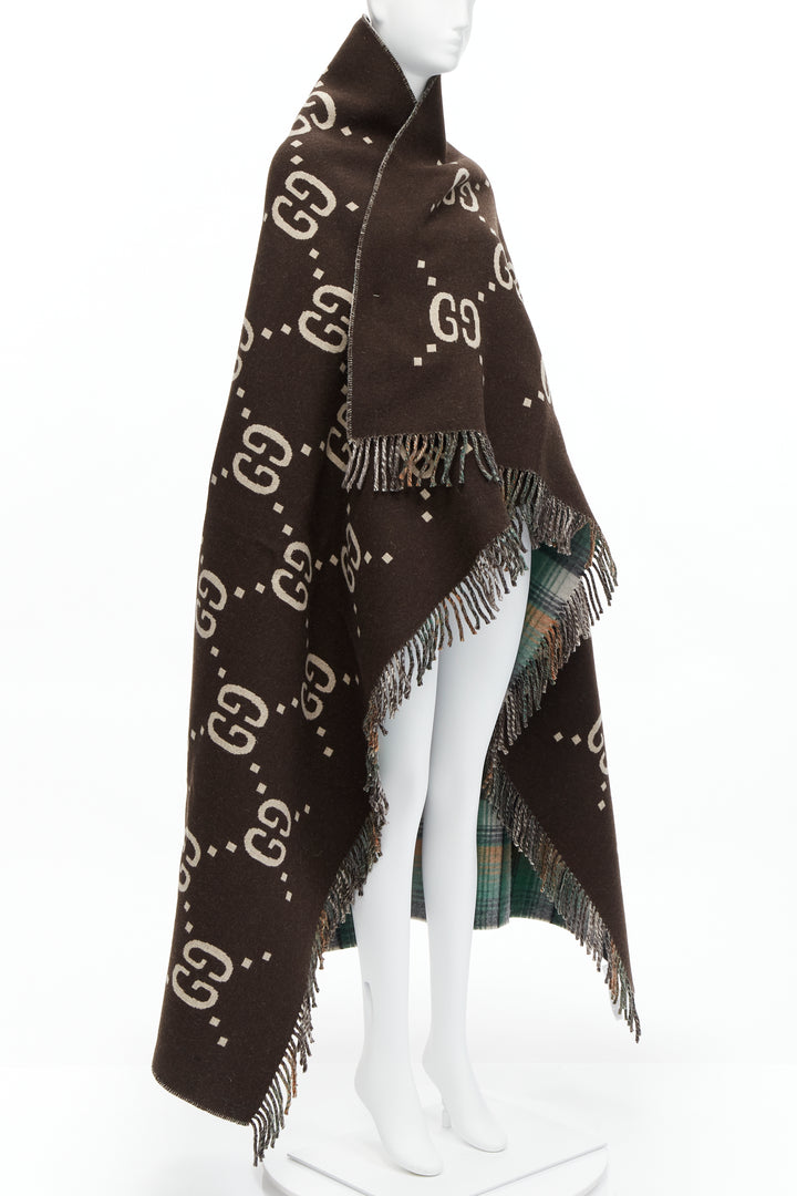GUCCI 100% wool green red plaid tartan brown GG monogram blanket scarf