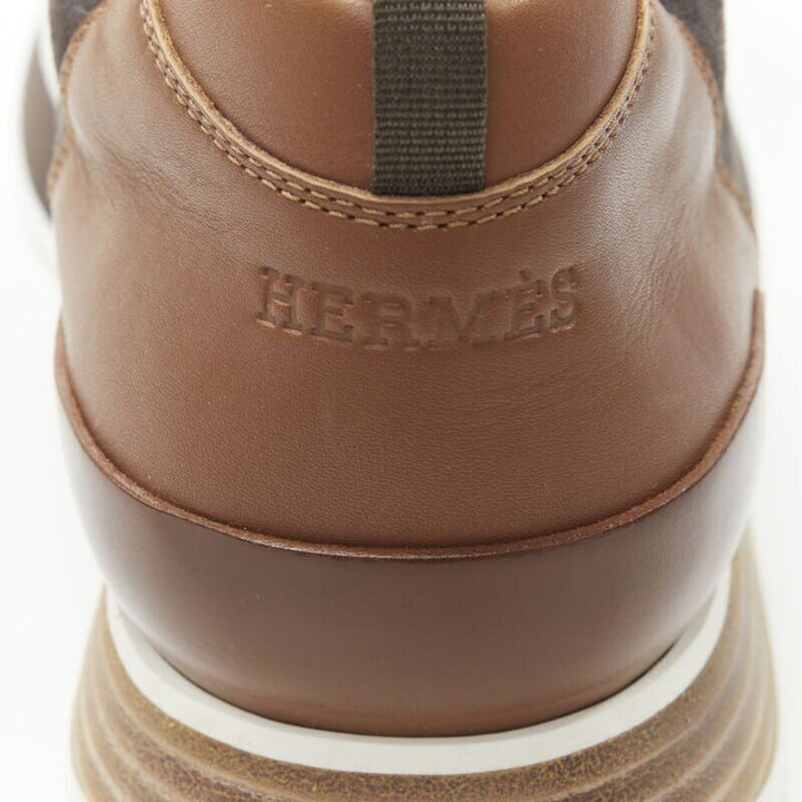 HERMES Buster grey brown suede lace up wooden rubber sole low sneaker EU39.5
