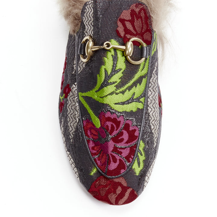GUCCI Alessandro Michele Princetown floral jacquard fur lined loafer EU36