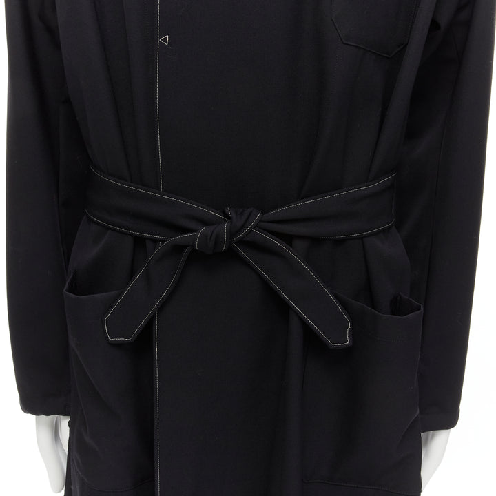 YOHJI YAMAMOTO HOMME Vintage black white topstitched draped belted coat M
