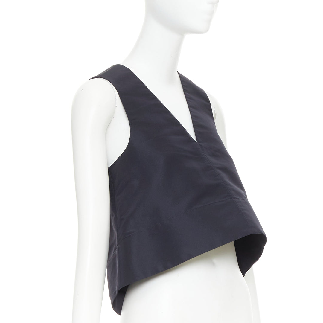 TIBI navy silk faille silver buckle strap back V neck crop top US0 XS