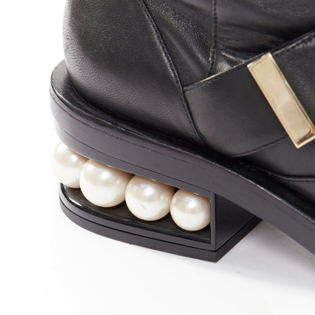 NICOLAS KIRKWOOD black XL pearl embellished heel knee high flat boots EU37.5