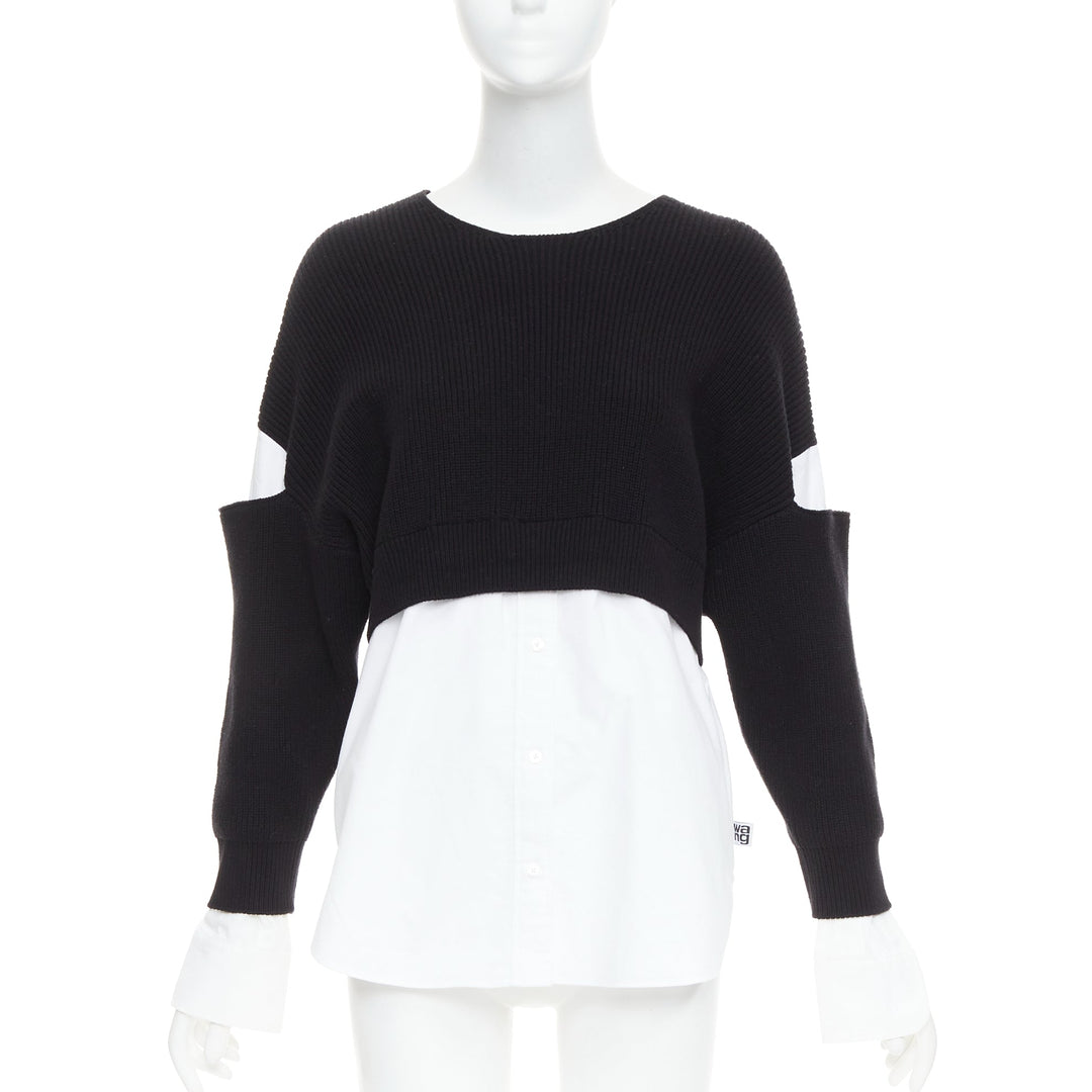 T ALEXANDER WANG black white cotton blend hybrid cropped sweater shirt top XS