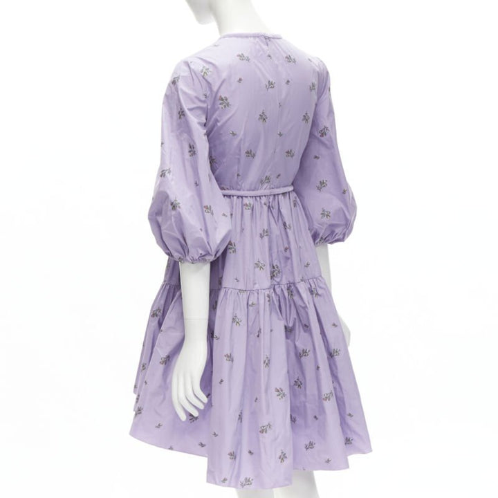 RED VALENTINO purple floral embroidery bow puff sleeve babydoll dress IT36 XS