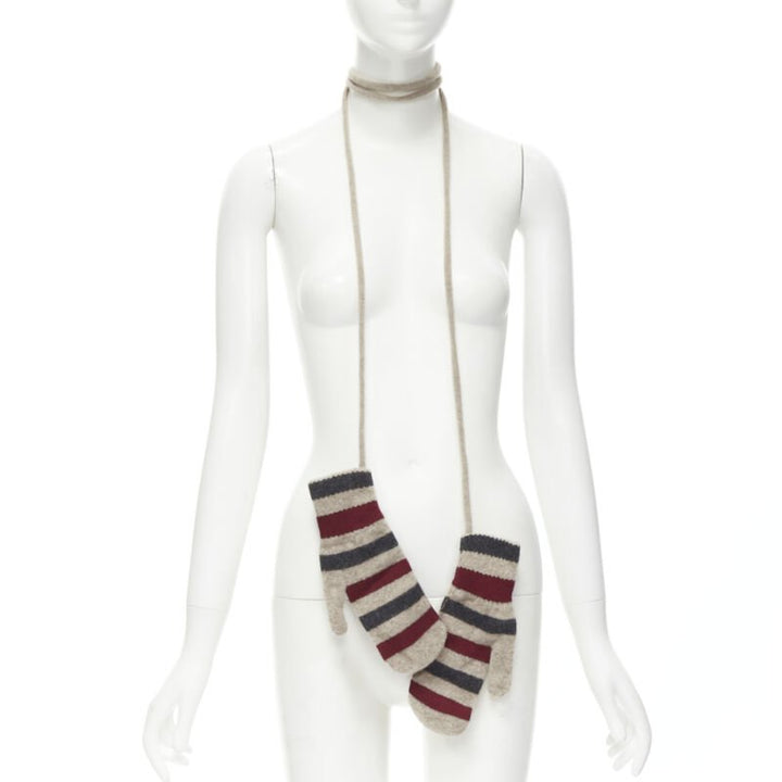BURBERRY 100% lambs wool red black beige striped mitten glove on string