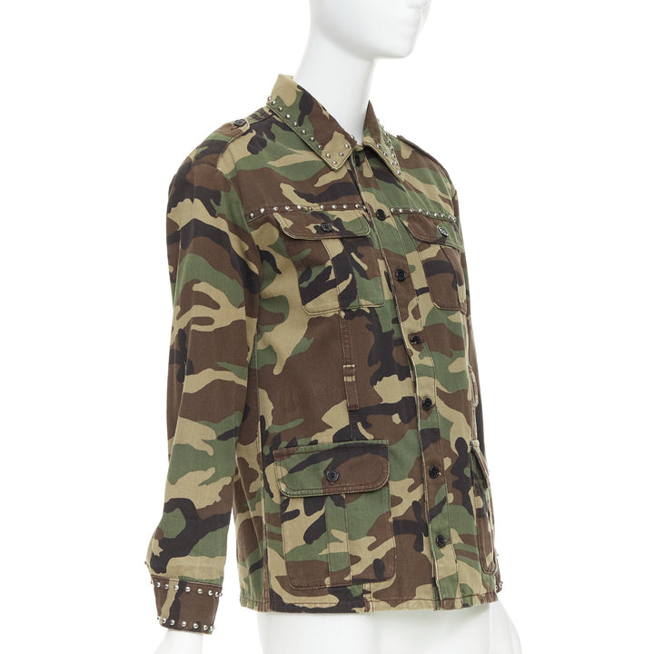 SAINT LAURENT 2015 green khaki camo print cotton studded army jacket XS