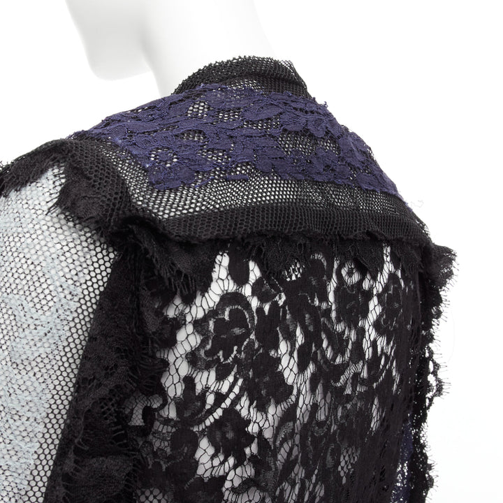 LANVIN blue black intricate lace panels sheer long sleeve jacket FR34 XS
