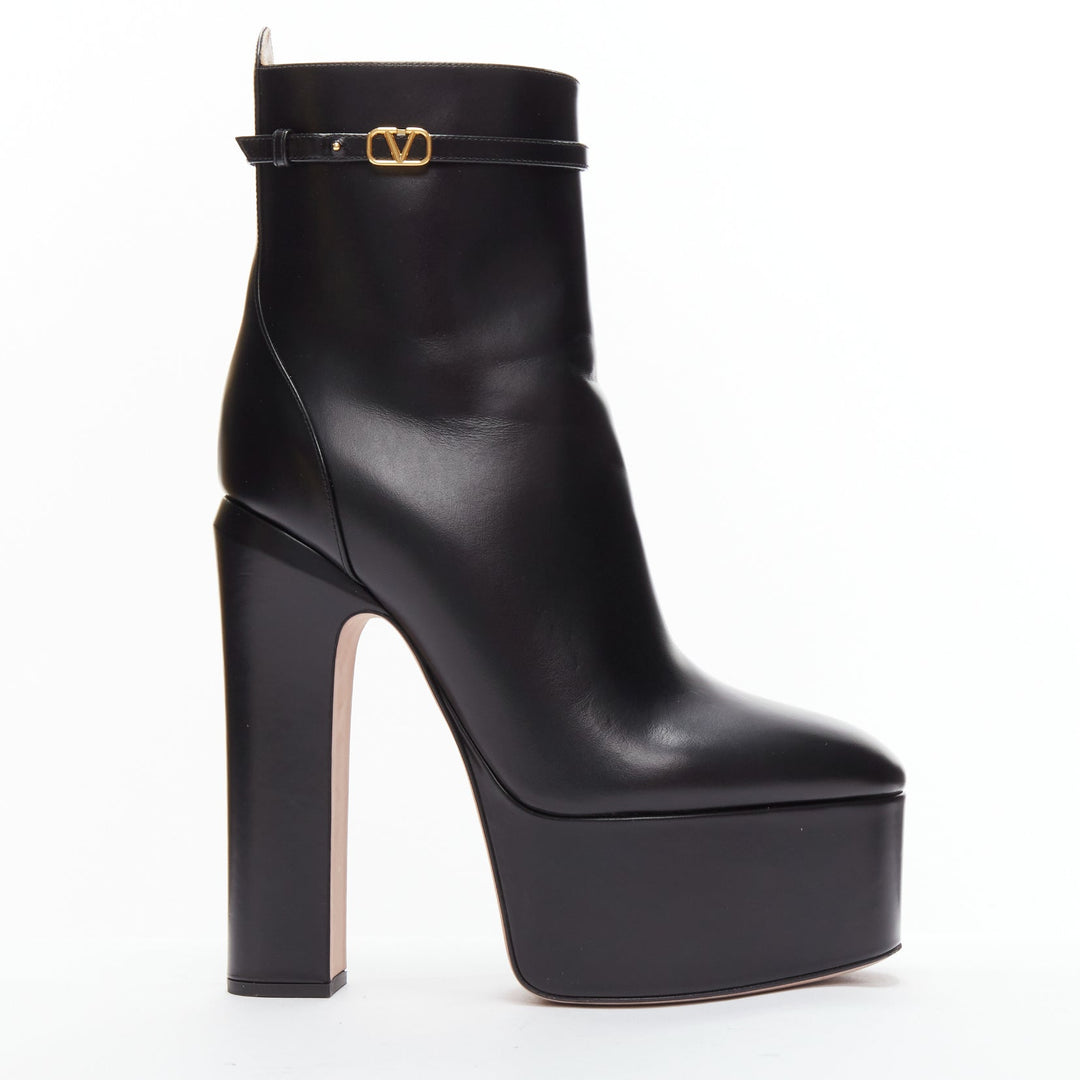 VALENTINO 2023 Tango 155 black leather Vlogo gold buckle platform boots EU39