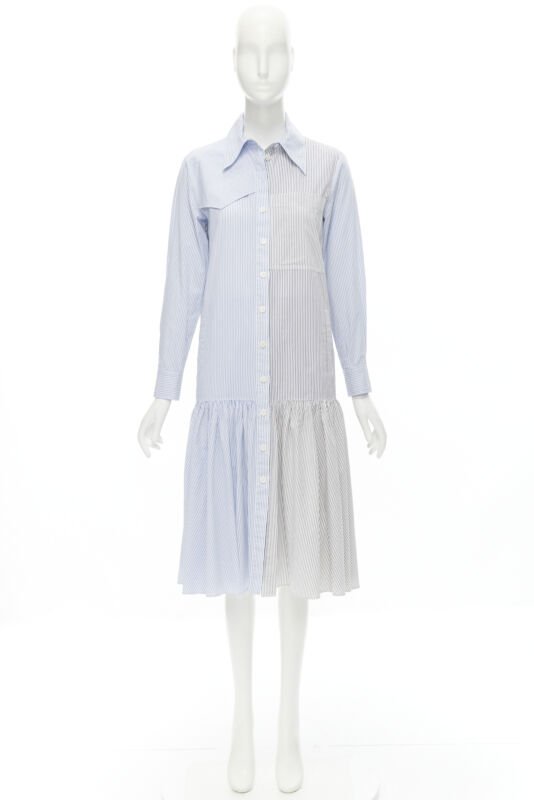 TIBI blue grey striped cotton asymmetric pockets flutter skirt shirt dress XS