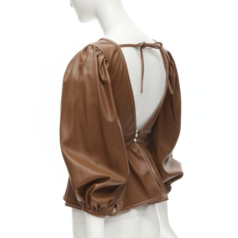 STAUD Luna tan brown vegan faux leather plunge neck puff sleeve top US0 XS