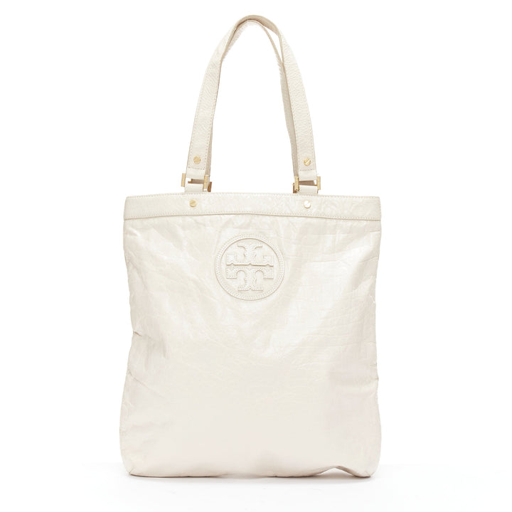 TORY BURCH white textured leather logo patch gold hardware A4 tote bag