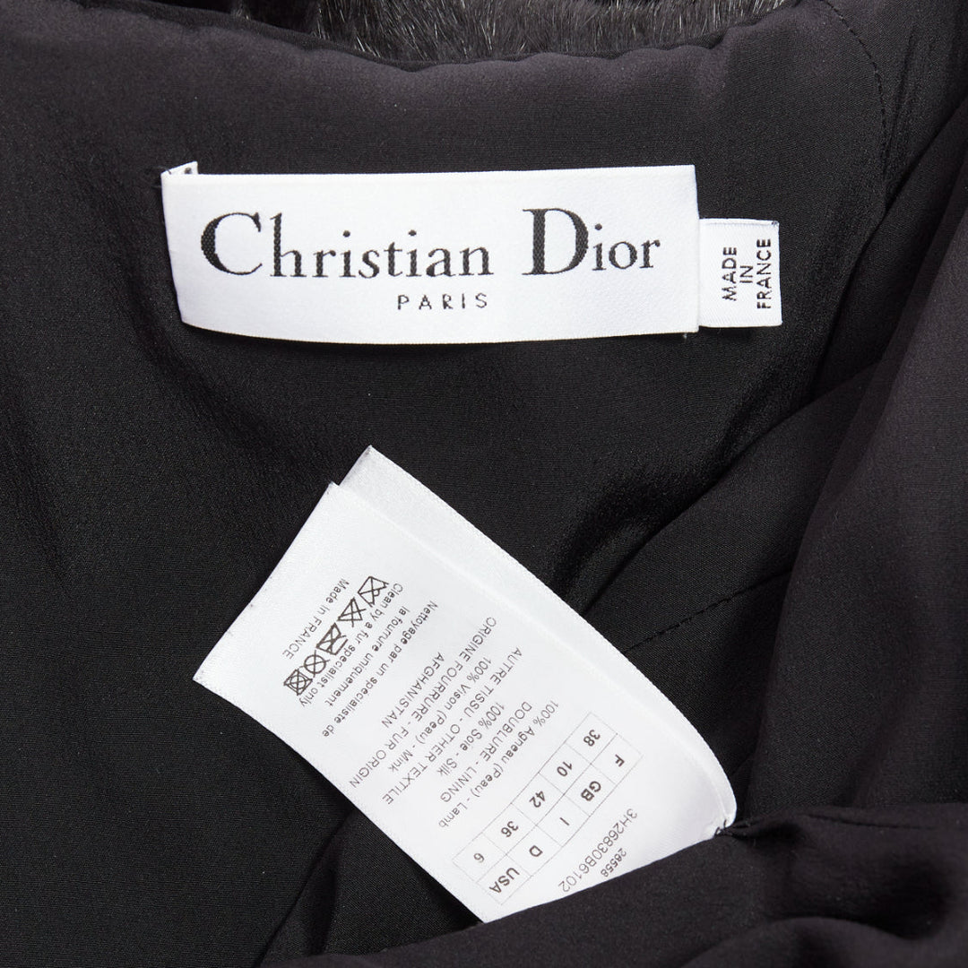 CHRISTIAN DIOR black lamb mink fur silk lined long coat FR38 M
