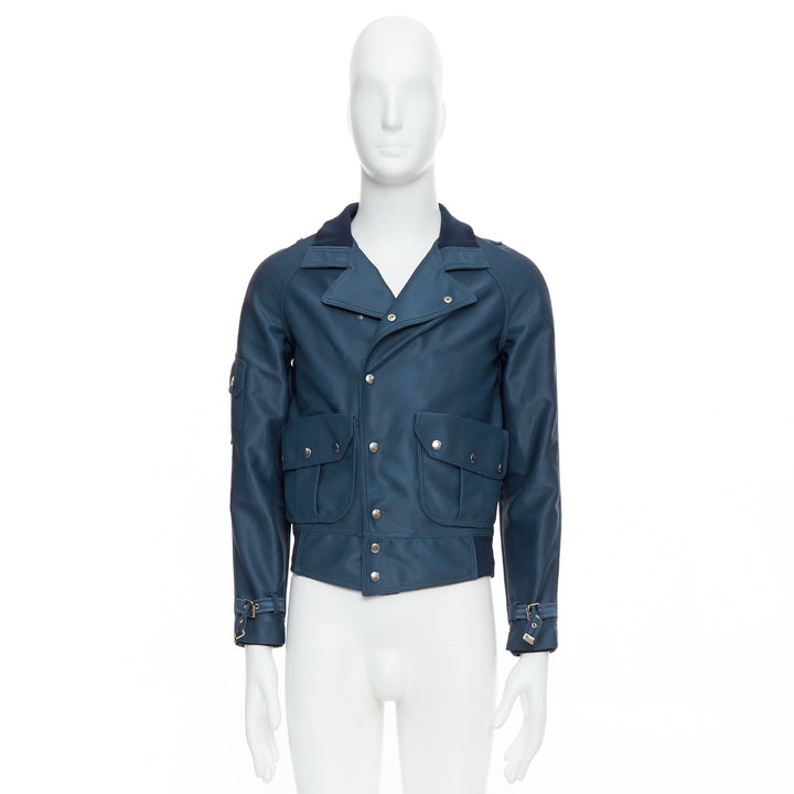 BALENCIAGA 2003 blue silver snap buttons cropped moto biker jacket FR46 S