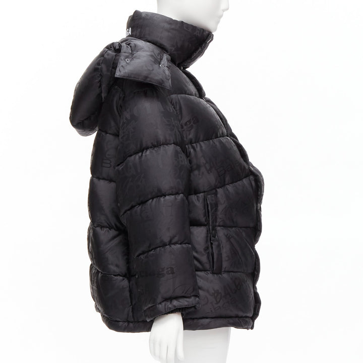 BALENCIAGA 2019 black logo jacquard Swing hooded quilted puffer coat FR36 S