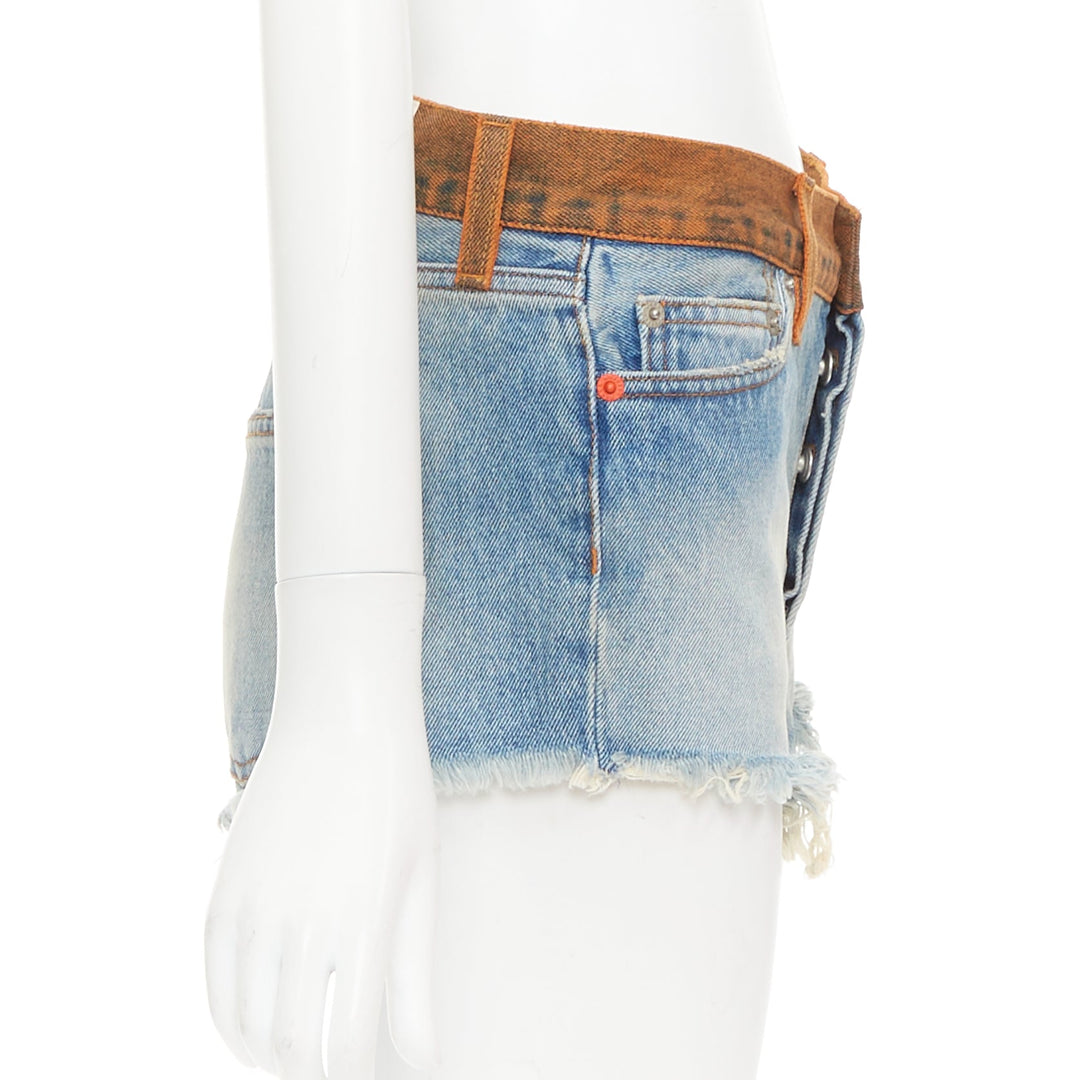 HERON PRESTON western cowboy blue washed denim orange waist cut off shorts 25"