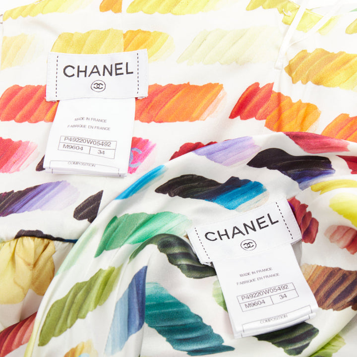 CHANEL Karl Lagerfeld 2014 Runway Colorama icon brush silk top skirt FR34 XS