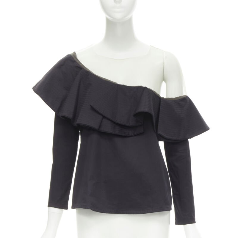 JOHANNA ORTIZ Lazarote black cotton mesh yoke ruffle off shoulder top US2 XS