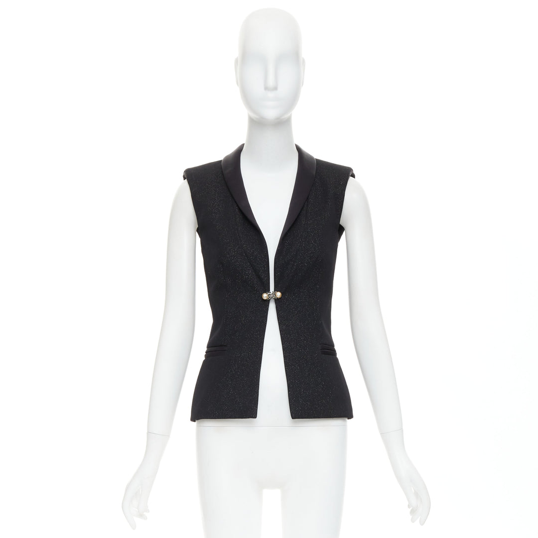 CHANEL black wool lurex pearl crystal button satin shawl collar vest FR36 S