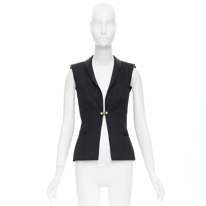 CHANEL black wool lurex pearl crystal button satin shawl collar vest FR36 S