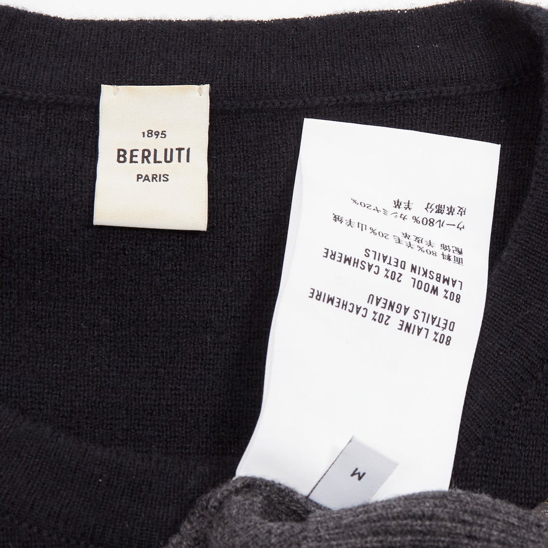 BERLUTI grey black yellow lambskin leather stitch wool cashmere split sweater M