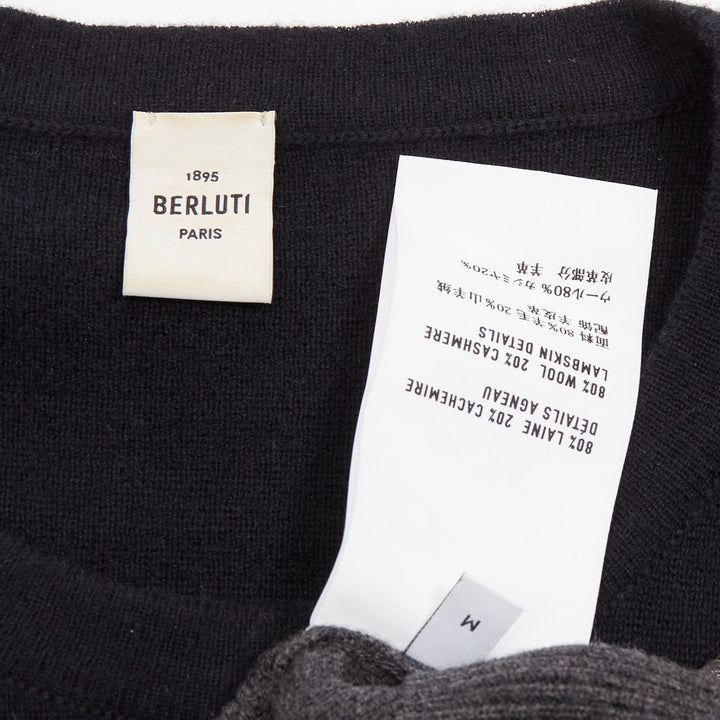 BERLUTI grey black yellow lambskin leather stitch wool cashmere split sweater M