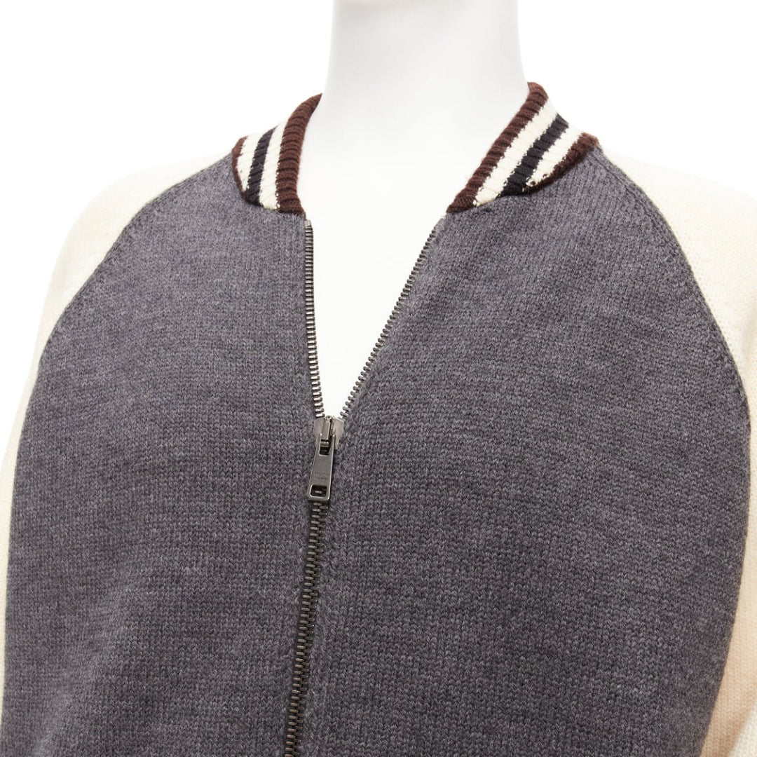 PRADA 2014 100% wool knit cream grey raglan varsity bomber jacket IT50 L