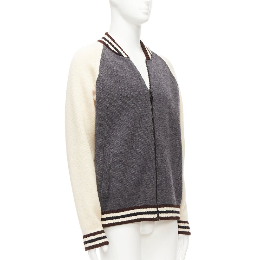 PRADA 2014 100% wool knit cream grey raglan varsity bomber jacket IT50 L