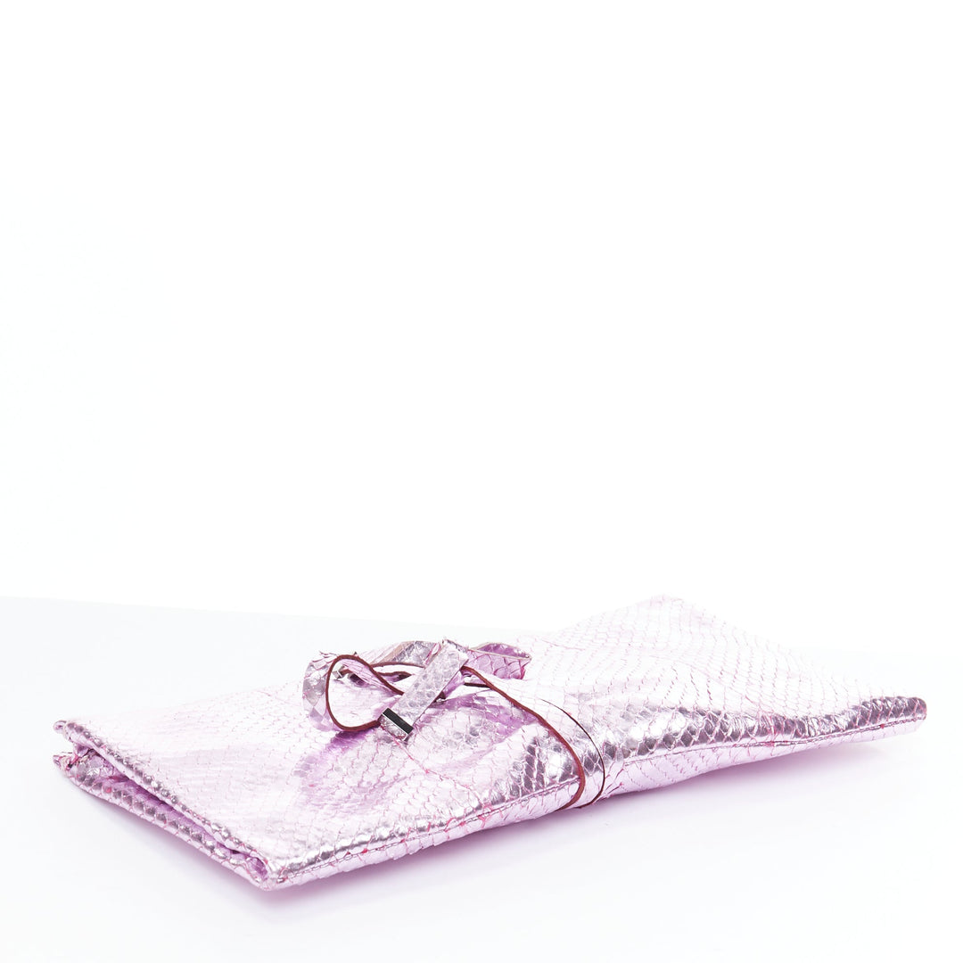 YVES SAINT LAURENT pink metallic scaled leather wraparound clutch bag