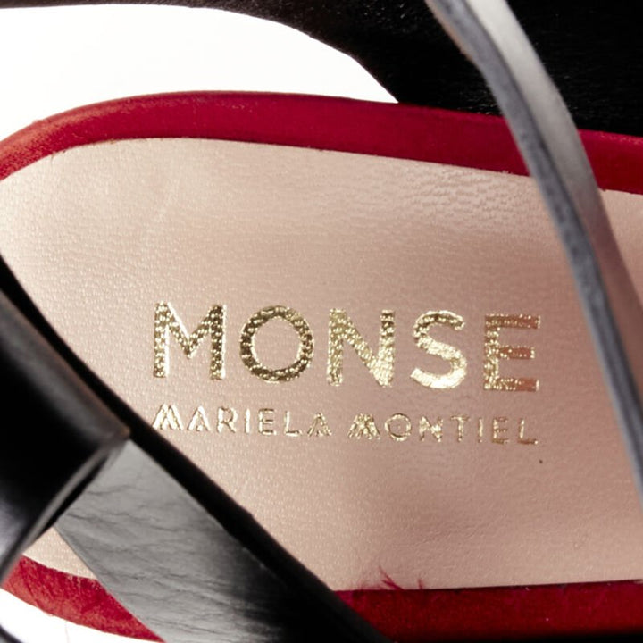 MONSE Runway red satin black punk ankle strap pump EU39