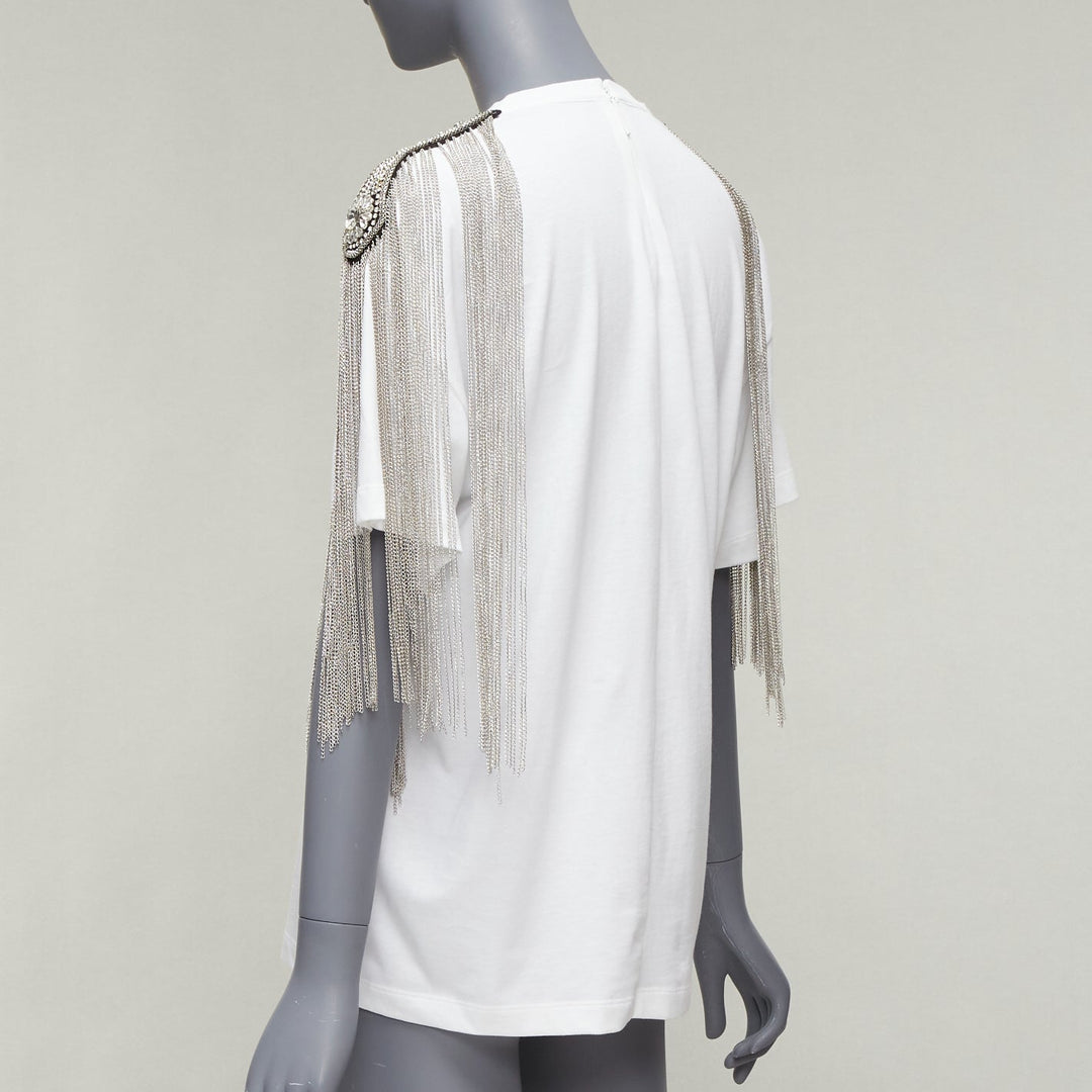 CHRISTOPHER KANE white military silver chain embellished shoulder tshirt XS