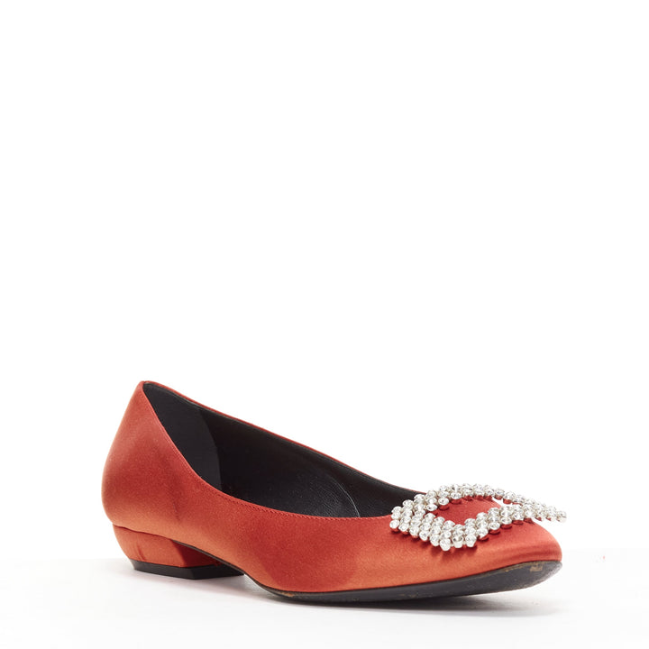 ROGER VIVIER red satin silver strass crystal buckle classic dress flats EU36.5