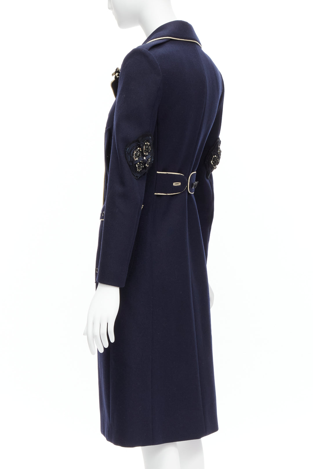 rare PRADA 2004 Runway navy wool grommet leather longline officer coat IT36 XXS