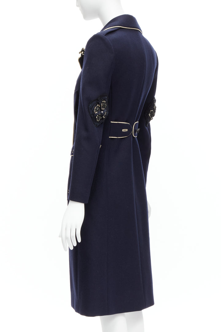 rare PRADA 2004 Runway navy wool grommet leather longline officer coat IT36 XXS
