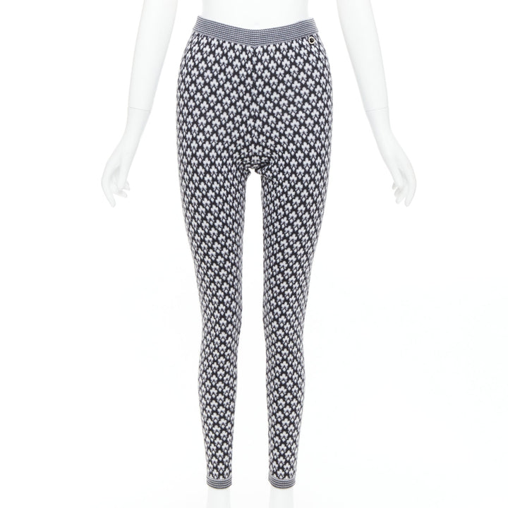 CHANEL 100% cashmere grey CC logo pearl button pattern stretch knit pants FR38 M