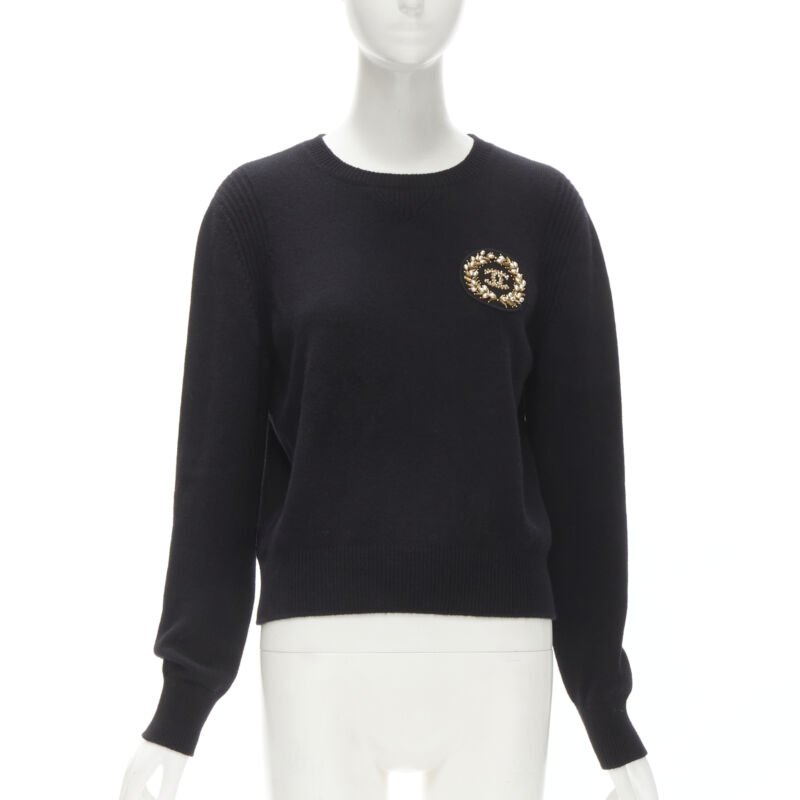CHANEL black cashmere blend gold bead pearl CC embellished badge sweater FR42  L