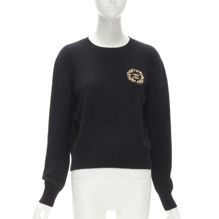 CHANEL black cashmere blend gold bead pearl CC embellished badge sweater FR42  L