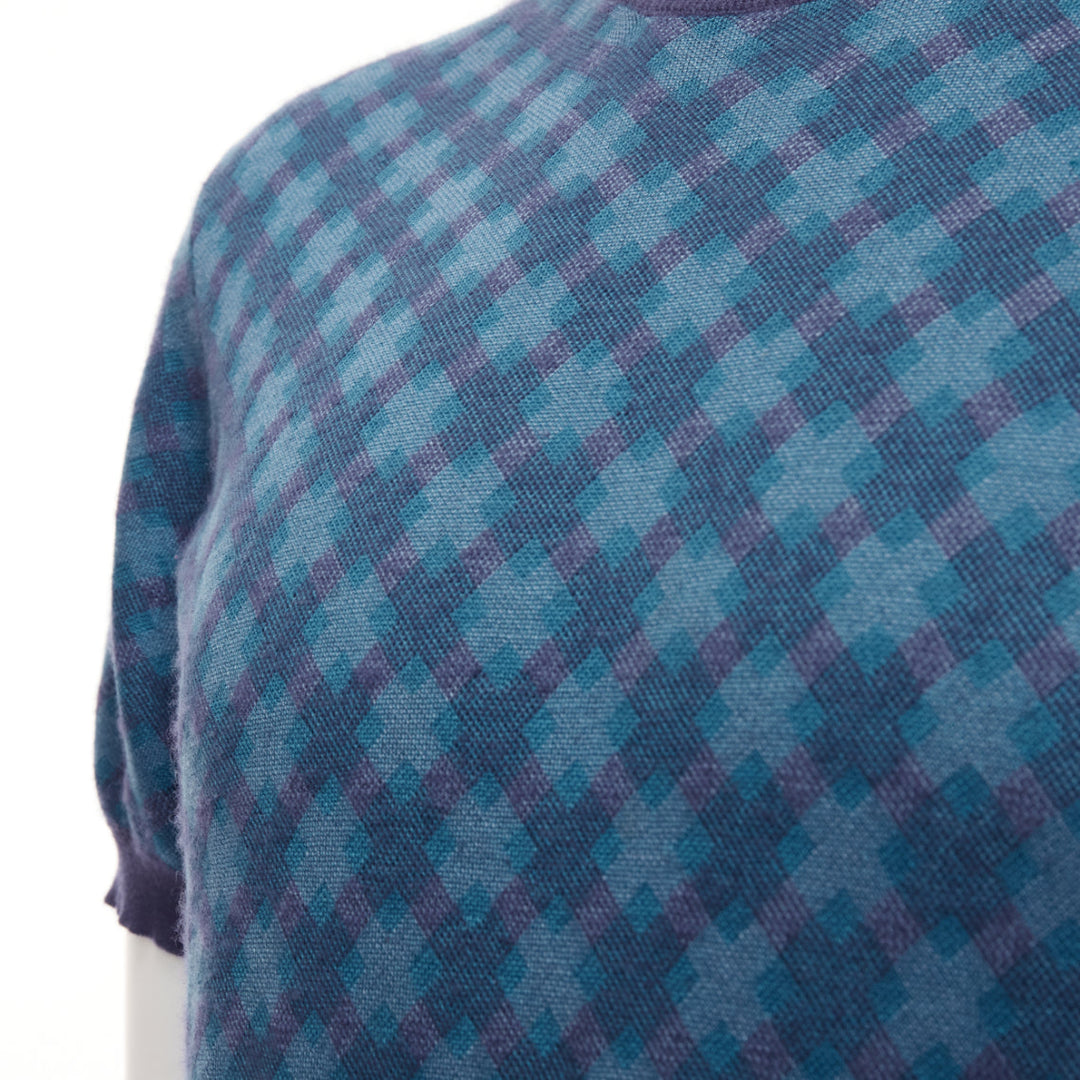 BRIONI silk cashmere blue navy diagonal check short sleeve sweater IT50 L
