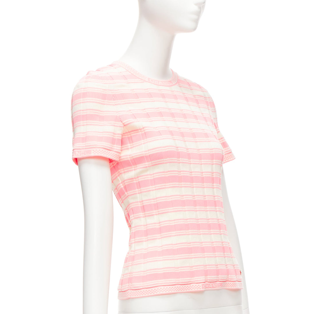 CHANEL 23C white pink stripe logo charm short sleeve ribbed sweater FR40 L