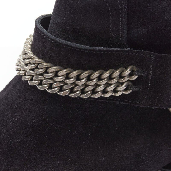 SAINT LAURENT Wyatt 40 black suede silver chain harness ankle boot EU36.5