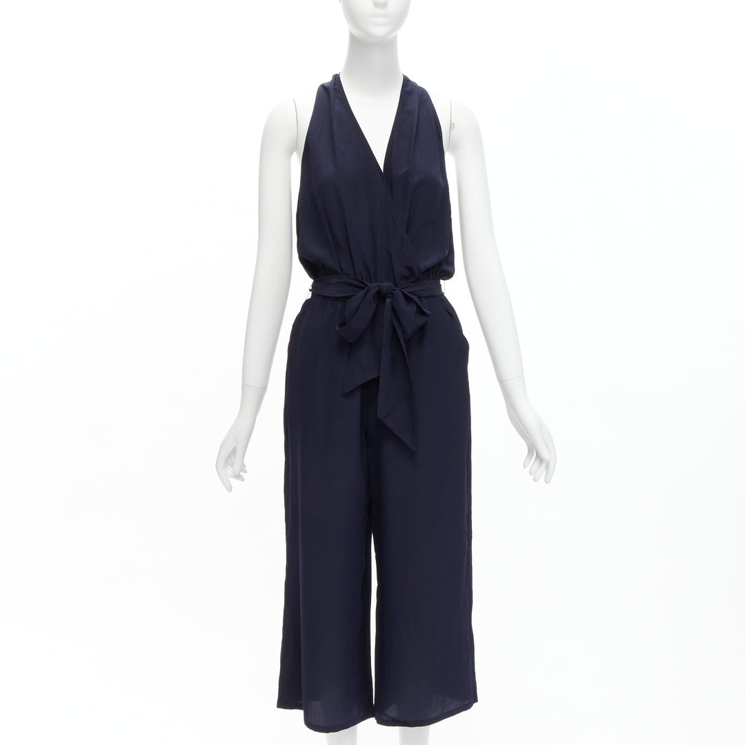 TORY BURCH 100% silk navy V neck wide leg wrap tie wide leg jumpsuit XS